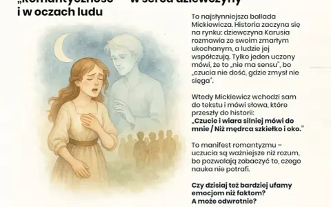 Ilustracja przedstawia dziewczynę w białej sukni, która z bólem na twarzy trzyma dłoń na sercu. Obok niej unosi się duch młodego mężczyzny. Scena ta symbolizuje motyw kobiety w literaturze, jej emocje i uczucia.