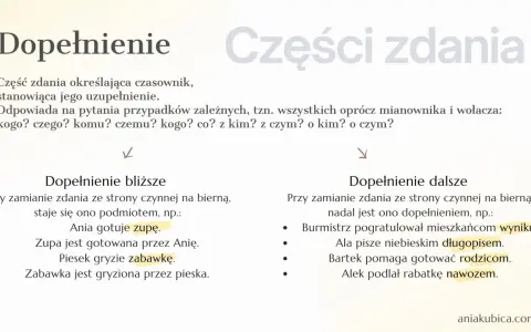 Dopełnienie bliższe i dalsze w zdaniach. Przykłady: Ania gotuje zupę, Burmistrz pogratulował mieszkańcom wyniku.