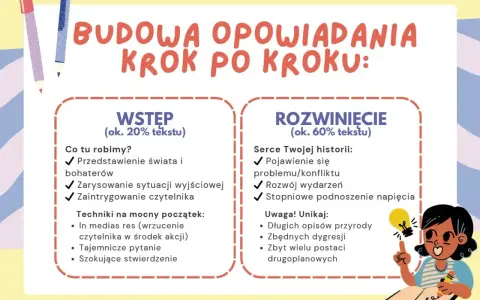 Jak napisać opowiadanie klasa 4? Schemat budowy: wstęp (przedstawienie świata, sytuacja wyjściowa, intryga) i rozwinięcie (problem, rozwój akcji, napięcie).