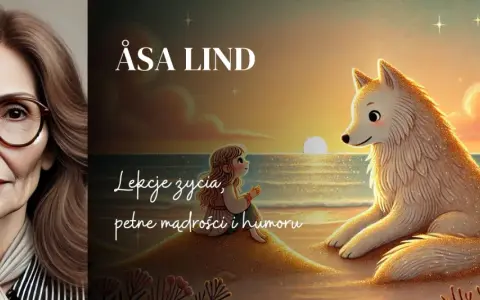 Portret Åsy Lind obok ilustracji z bajki "Piaskowy wilk streszczenie": dziewczynka i wilk na plaży.
