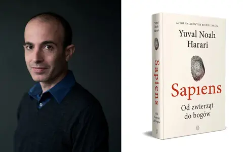 Yuval Noah Harari, autor "Sapiens: Od zwierząt do bogów", na tle. Obok książka z odciskiem palca.