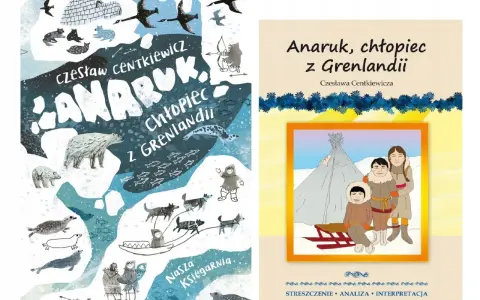 Anaruk, chłopiec z Grenlandii – streszczenie. Ilustracje przedstawiają życie na Grenlandii: igloo, niedźwiedzia polarnego, psy zaprzęgowe, łodzie i ludzi w tradycyjnych strojach.