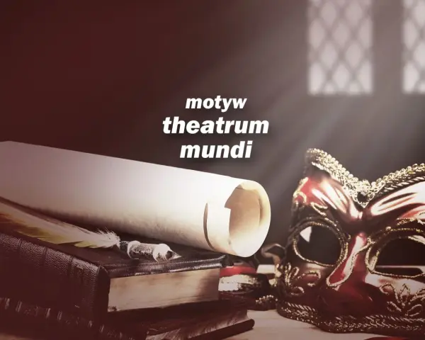 Stara księga, pióro i maska wenecka symbolizują motyw theatrum mundi, gdzie życie jest sceną.