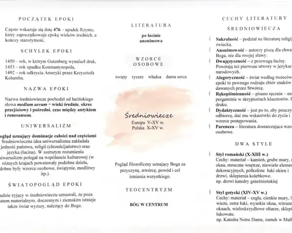 Cechy literatury średniowiecznej: sakralność, anonimowość, alegoryczność, rękopiśmienność, dydaktyczność. Epoka trwała od V do XV wieku.