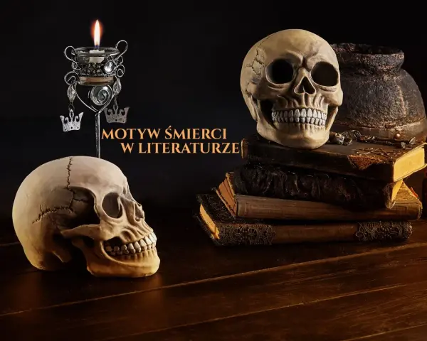 Dwa ludzkie czaszki, świeca i stare księgi tworzą mroczną scenę, podkreślając motyw śmierci w literaturze.