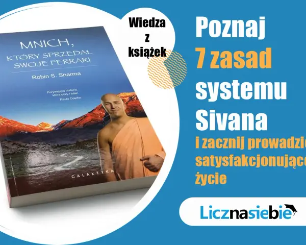 Okładka książki "Mnich, który sprzedał swoje Ferrari" z mnichem w pomarańczowej szacie na tle gór.