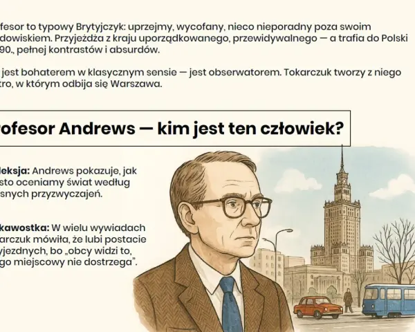 Profesor Andrews w Warszawie, brytyjski obserwator w kraju kontrastów. Ilustracja przedstawia portret profesora na tle Pałacu Kultury.