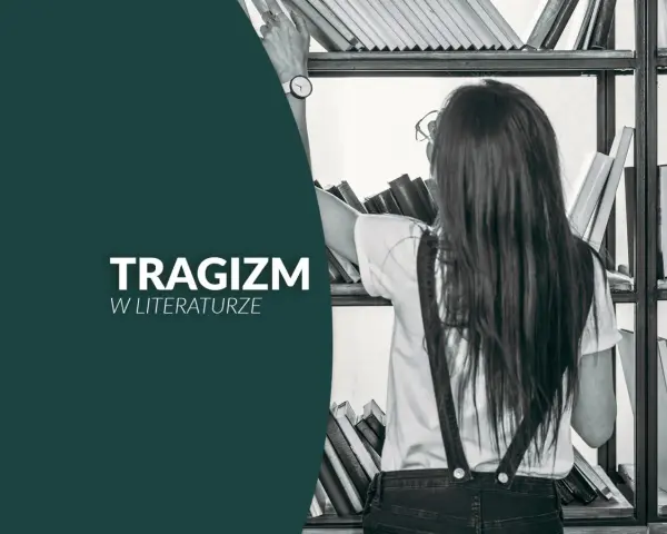 Dziewczyna w okularach szuka książki na półce. Napis "Tragizm w literaturze" sugeruje, że szuka odpowiedzi na pytanie: tragizm co to.