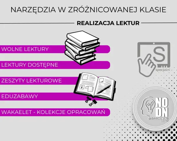 Narzędzia do realizacji lektur w klasie liceum: wolne lektury, zeszyty, edukacyjne zabawy i kolekcje opracowań.