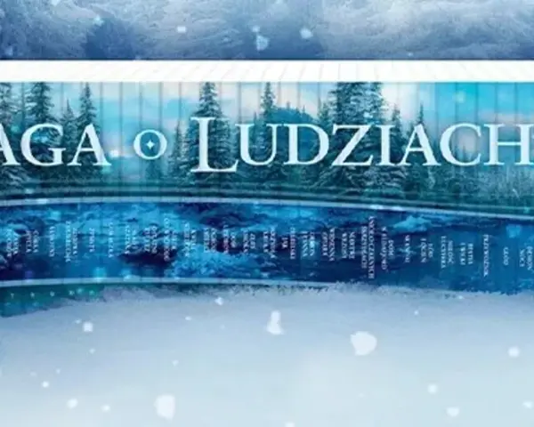 Saga o ludziach ziemi, zimowy krajobraz z lasem i rzeką, okładki książek z tytułem.