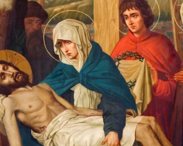 Obraz przedstawia scenę Piety, gdzie Matka Boża trzyma martwe ciało Jezusa. To właśnie "stabat mater dolorosa" - stojąca matka bolesna.