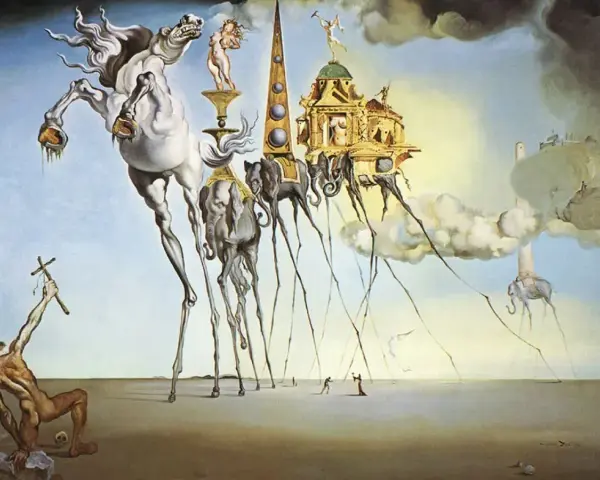 Długonogie słonie i koń unoszą się nad pustynią. To przykład, jak wygląda surrealizm co to za nurt.