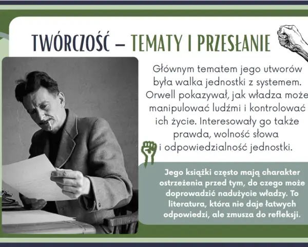 Eric Arthur Blair, znany jako Orwell, na zdjęciu czyta dokument. Jego twórczość skupiała się na walce jednostki z systemem.