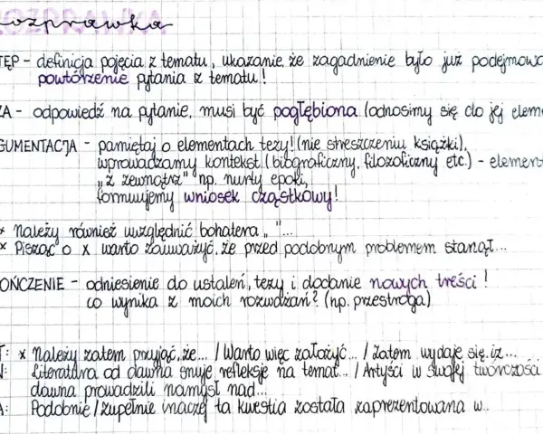 Notatki do pisania rozprawki: wstęp, teza, argumentacja, zakończenie. Podkreślone kluczowe elementy, które pomogą w tworzeniu tekstów na **tematy rozprawek maturalnych**.