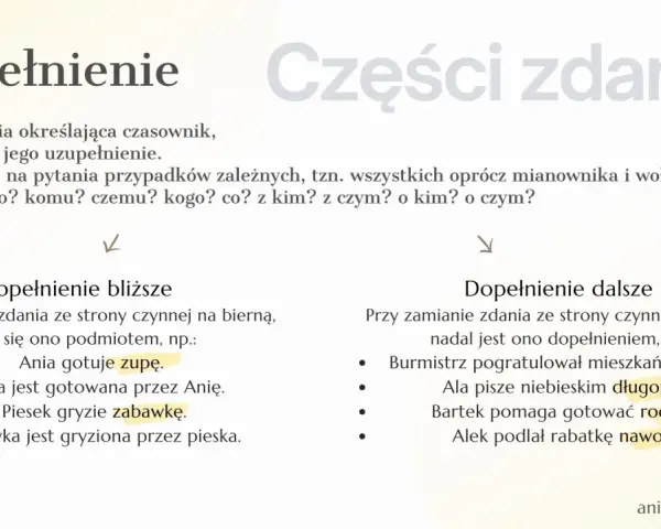Dopełnienie bliższe i dalsze w zdaniach. Przykłady: Ania gotuje zupę, Burmistrz pogratulował mieszkańcom wyniku.