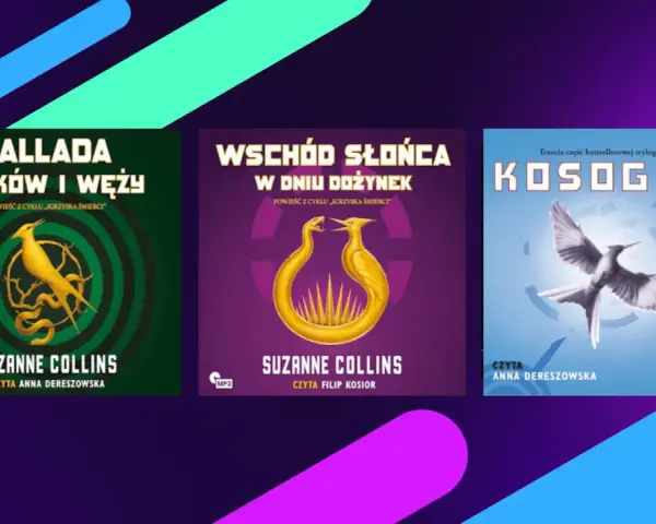 Okładki audiobooków z cyklu "Igrzyska Śmierci": "Ballada ptaków i węży", "Wschód słońca w dniu dożynek" i "Kosogłos".