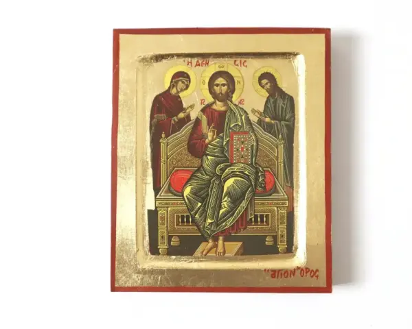 Ikona przedstawia motyw Deesis w Bogurodzicy: Chrystus Pantokrator siedzi na tronie między Matką Bożą a św. Janem Chrzcicielem, w złotej poświacie.