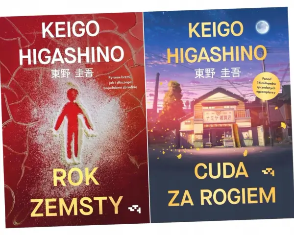 Okładki książek Keigo Higashino. Po lewej "Rok Zemsty" z sylwetką w mące, po prawej "Cuda za rogiem" z widokiem na sklep.