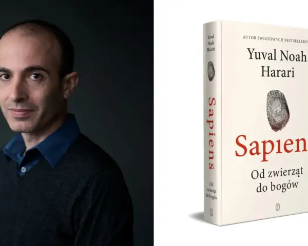 Yuval Noah Harari, autor "Sapiens: Od zwierząt do bogów", na tle. Obok książka z odciskiem palca.