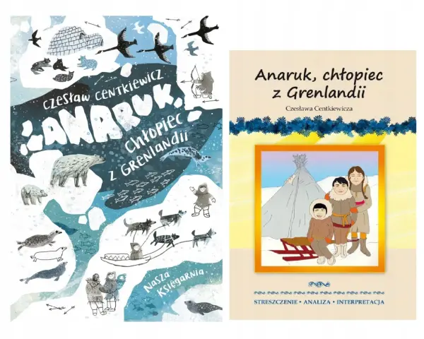 Anaruk, chłopiec z Grenlandii – streszczenie. Ilustracje przedstawiają życie na Grenlandii: igloo, niedźwiedzia polarnego, psy zaprzęgowe, łodzie i ludzi w tradycyjnych strojach.