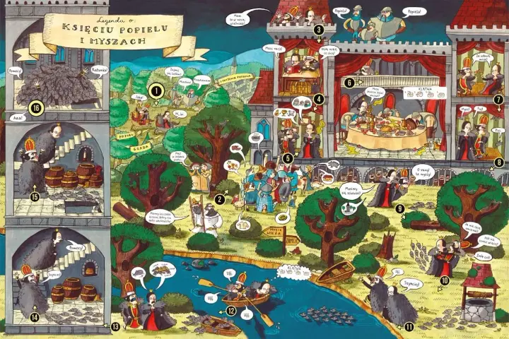 Ilustracja przedstawia legendy polskie dla dzieci o Księciu Popielu i myszach. Widać zamek, rzekę i las, a także sceny z opowieści.