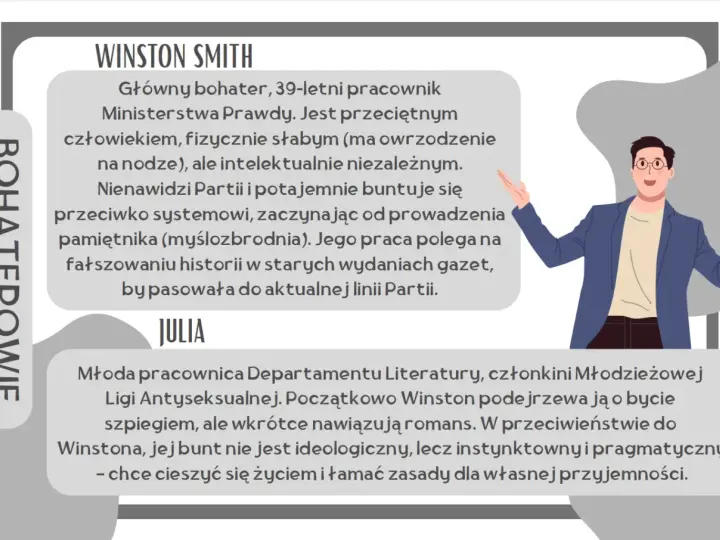 Winston Smith, główny bohater, 39-letni pracownik Ministerstwa Prawdy, buntuje się przeciwko systemowi. Jego charakterystyka to intelektualna niezależność i potajemny bunt.