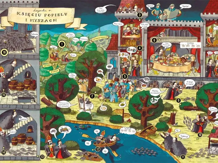 Ilustracja przedstawia legendy polskie dla dzieci o Księciu Popielu i myszach. Widać zamek, rzekę i las, a także sceny z opowieści.