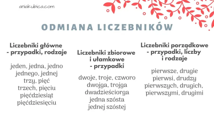 Odmiana liczebników: główne (jeden, trzy), zbiorowe (dwoje, trojga) i porządkowe (pierwsze, drudzy).