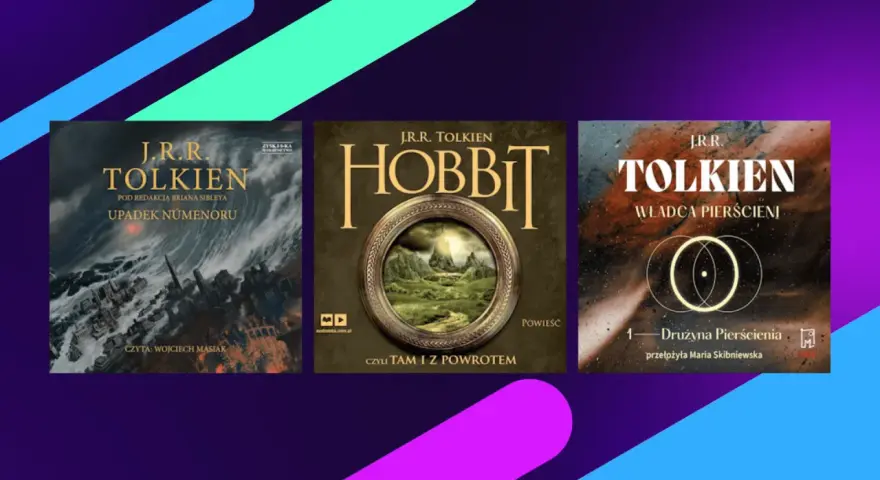 Okładki książek J.R.R. Tolkiena: "Upadek Numenoru", "Hobbit, czyli tam i z powrotem" oraz "Władca Pierścieni: Drużyna Pierścienia". Autor władcy pierścieni w całej okazałości.