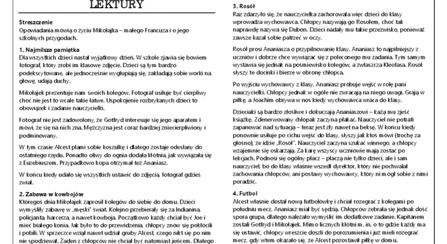 Mikołajek lektura klasa 4: przygody małego Francuza, szkolne psoty, zabawy w kowbojów i mecz piłki nożnej.