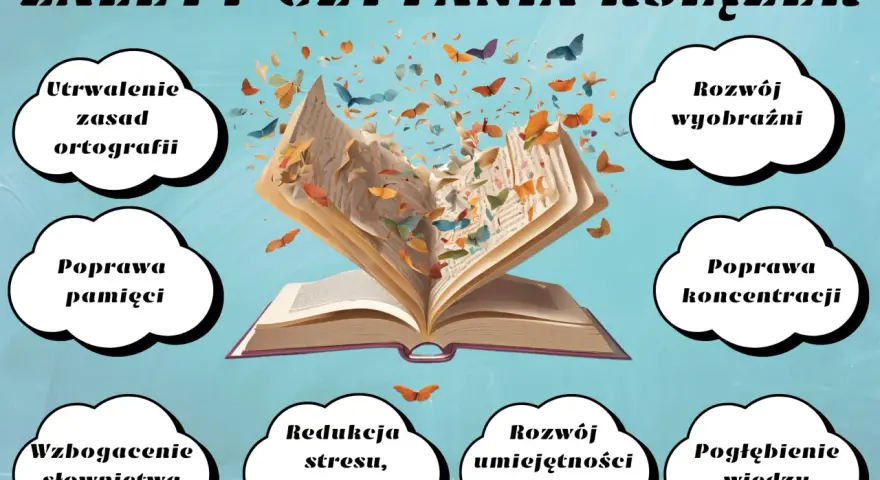 Otwarta księga, z której wylatują motyle i liście, symbolizuje korzyści płynące z czytania, które obchodzimy w światowy dzień książki i praw autorskich.