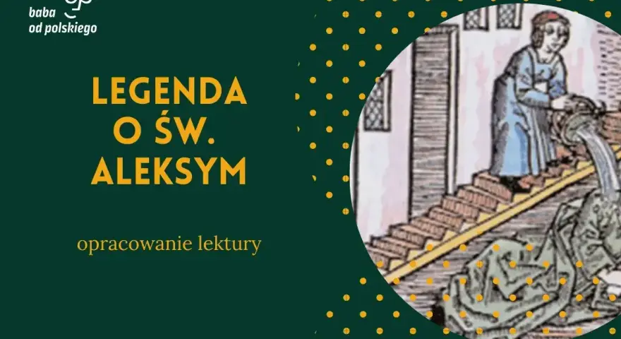 Legenda o świętym Aleksym: ilustracja przedstawia scenę z życia świętego, gdzie osoba na schodach wylewa wodę na leżącego poniżej.