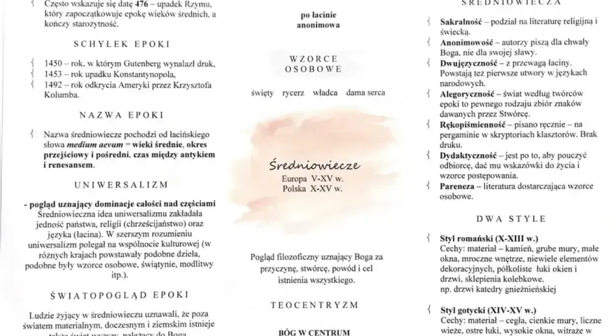 Cechy literatury średniowiecznej: sakralność, anonimowość, alegoryczność, rękopiśmienność, dydaktyczność. Epoka trwała od V do XV wieku.