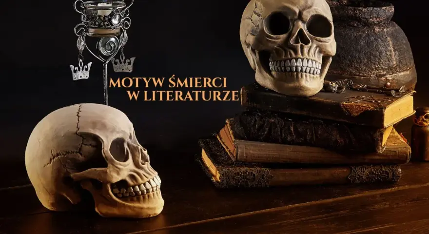 Dwa ludzkie czaszki, świeca i stare księgi tworzą mroczną scenę, podkreślając motyw śmierci w literaturze.