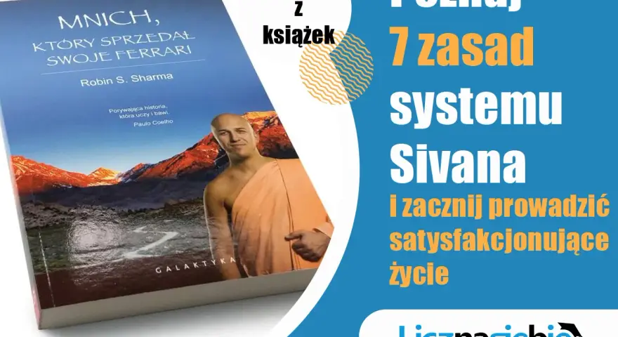 Okładka książki "Mnich, który sprzedał swoje Ferrari" z mnichem w pomarańczowej szacie na tle gór.