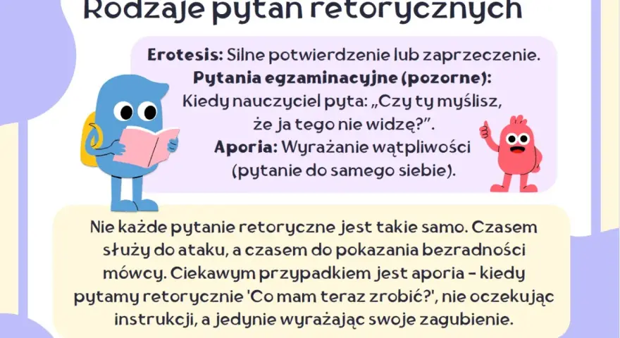 Rodzaje pytań retorycznych: erotesis, pytania pozorne i aporia. Aporia to pytanie retoryczne wyrażające wątpliwość, np. "Co mam teraz zrobić?".