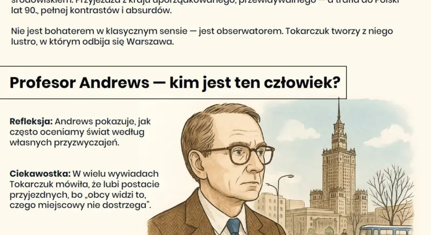 Profesor Andrews w Warszawie, brytyjski obserwator w kraju kontrastów. Ilustracja przedstawia portret profesora na tle Pałacu Kultury.