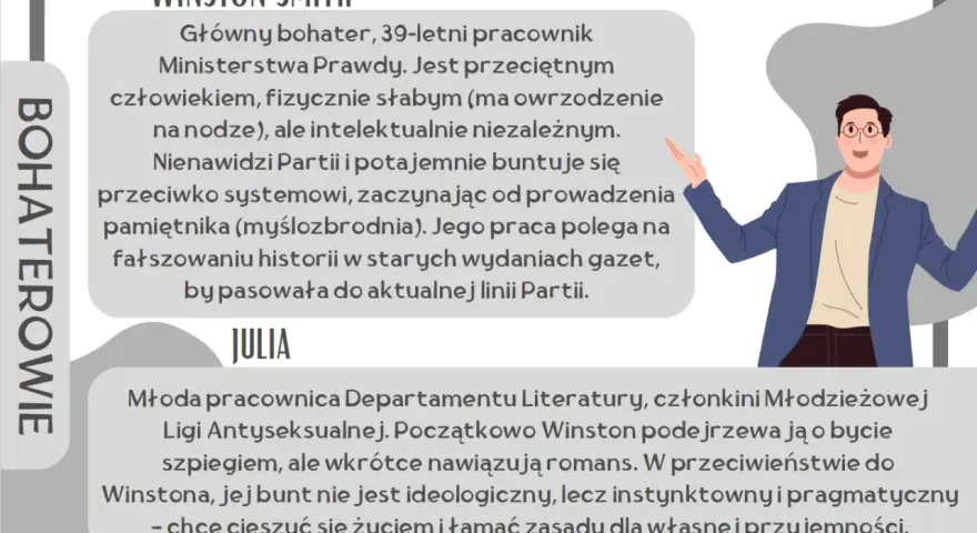 Winston Smith, główny bohater, 39-letni pracownik Ministerstwa Prawdy, buntuje się przeciwko systemowi. Jego charakterystyka to intelektualna niezależność i potajemny bunt.