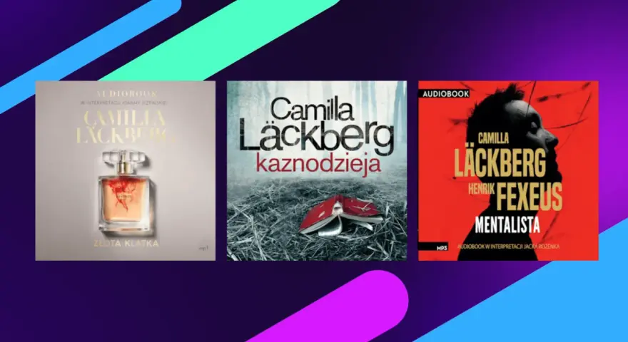Okładki audiobooków z serii Camilla Läckberg: "Złota klatka", "Kaznodzieja" i "Mentalista" (współautorstwa z Henrekiem Fexeusem).