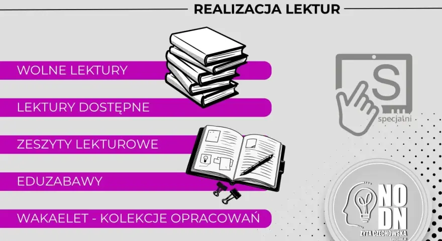 Narzędzia do realizacji lektur w klasie liceum: wolne lektury, zeszyty, edukacyjne zabawy i kolekcje opracowań.