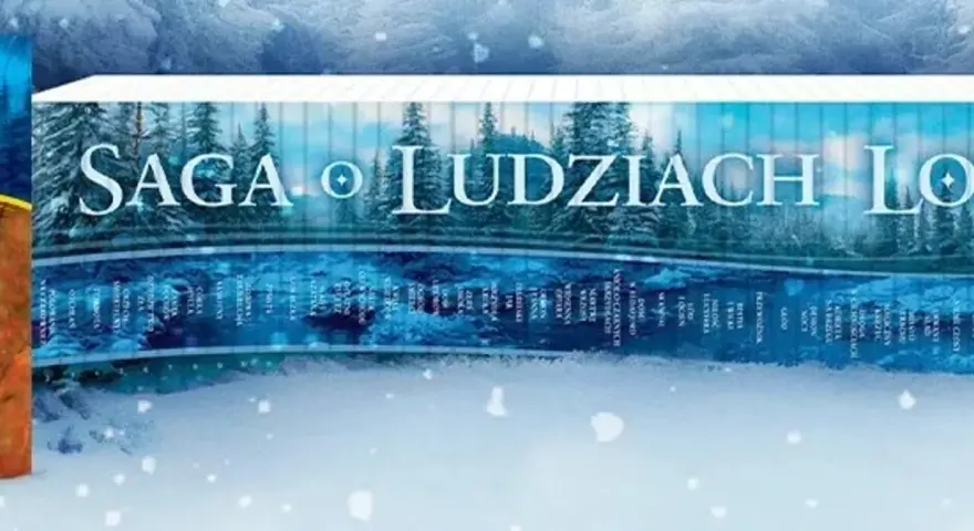 Saga o ludziach ziemi, zimowy krajobraz z lasem i rzeką, okładki książek z tytułem.