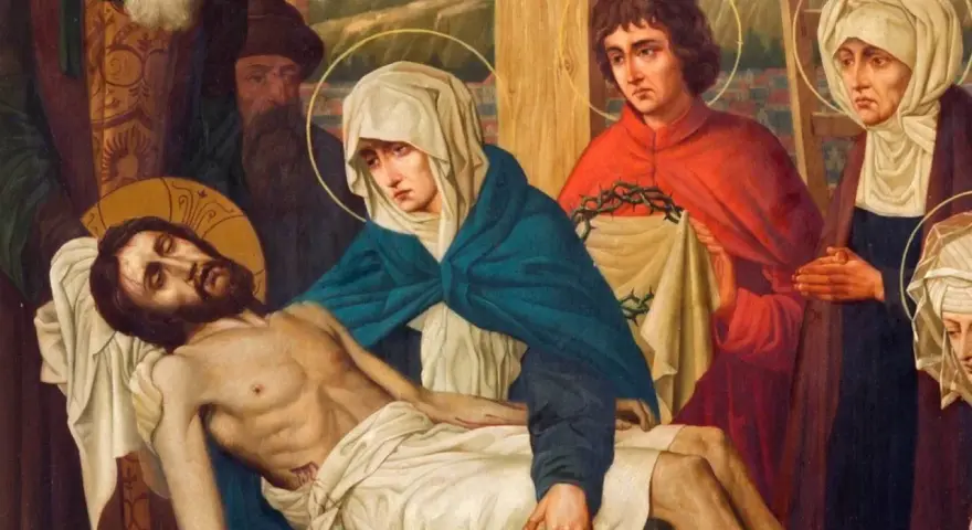 Obraz przedstawia scenę Piety, gdzie Matka Boża trzyma martwe ciało Jezusa. To właśnie "stabat mater dolorosa" - stojąca matka bolesna.