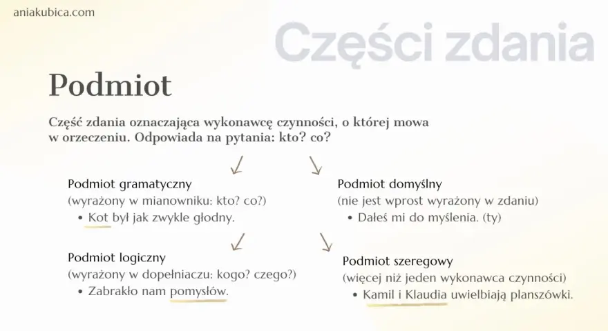 Podmiot to część zdania, wykonawca czynności. Poznaj jego rodzaje: gramatyczny, logiczny, domyślny, szeregowy.
