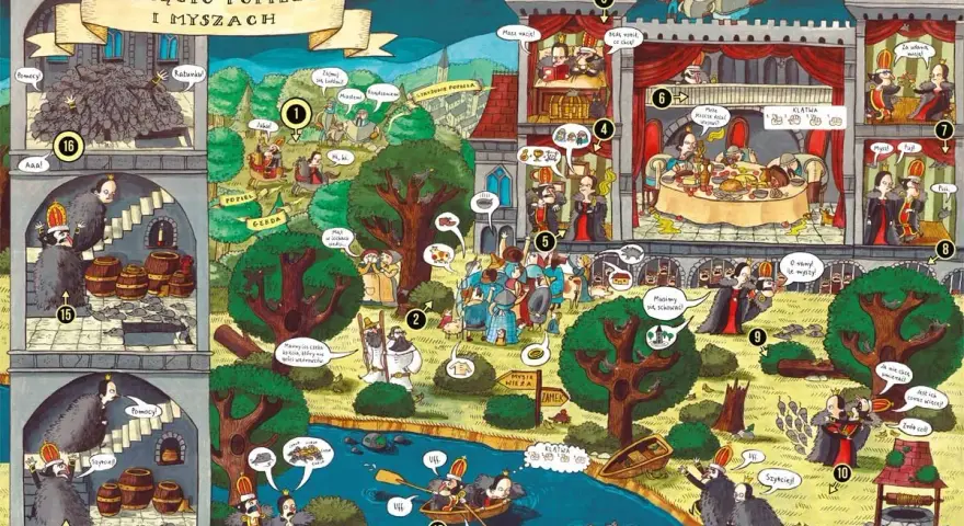 Ilustracja przedstawia legendy polskie dla dzieci o Księciu Popielu i myszach. Widać zamek, rzekę i las, a także sceny z opowieści.