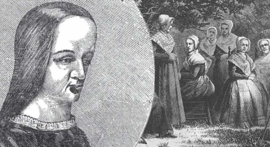 Portret kobiety z epoki, obok grupa kobiet w historycznych strojach. Czy to początek jakiejś intrygującej fabuły?