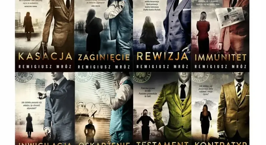 Książki Remigiusza Mroza: Kasacja, Zaginięcie, Rewizja, Immunitet, Inwigilacja, Oskarżenie, Testament, Kontratyp. Mroźny klimat i prawnicze zagadki.