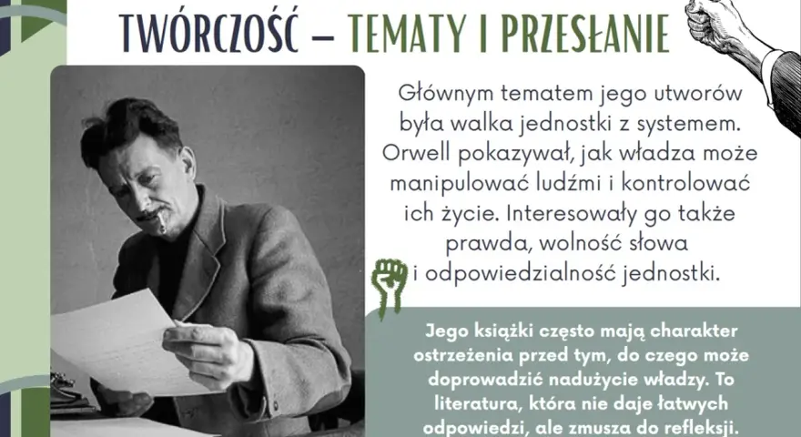 Eric Arthur Blair, znany jako Orwell, na zdjęciu czyta dokument. Jego twórczość skupiała się na walce jednostki z systemem.