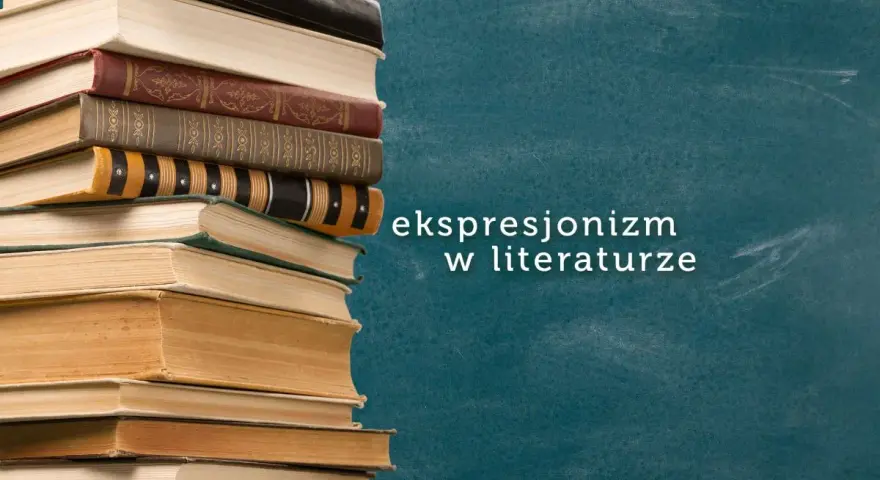 Stos książek obok napisu "ekspresjonizm w literaturze" na tle tablicy.
