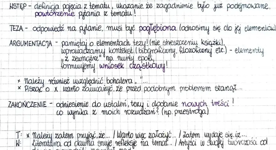 Notatki do pisania rozprawki: wstęp, teza, argumentacja, zakończenie. Podkreślone kluczowe elementy, które pomogą w tworzeniu tekstów na **tematy rozprawek maturalnych**.
