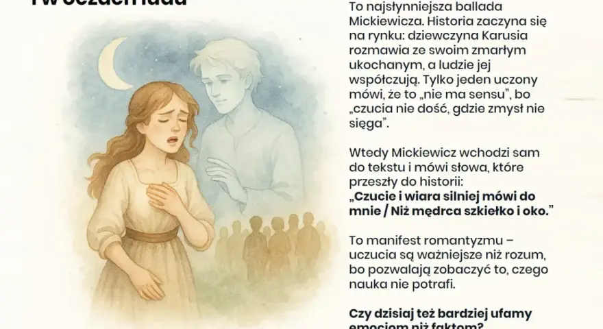 Ilustracja przedstawia dziewczynę w białej sukni, która z bólem na twarzy trzyma dłoń na sercu. Obok niej unosi się duch młodego mężczyzny. Scena ta symbolizuje motyw kobiety w literaturze, jej emocje i uczucia.